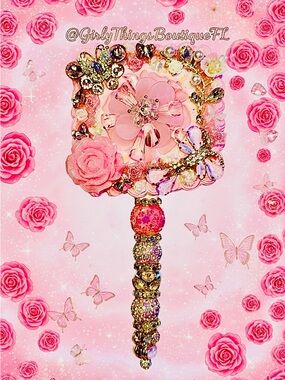 Embellished Pink Floral Hand Mirror - Decorative Women's Accessory